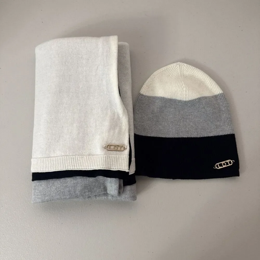 LDT Cap and Scarf Cashmere Blend Cream Black Gray Stripe